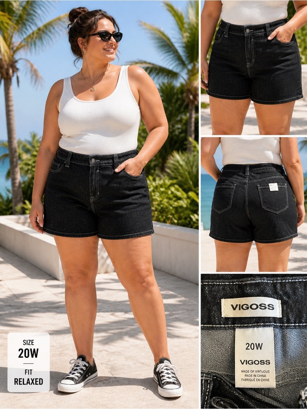 NWT Vigoss High Rise Carpenter Shorts Women's Plus Size 20W Black Denim Pockets
